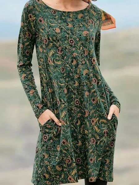 Long sleeved round neck retro family style cashew blossom elastic knitted dress, Green, Midi Dresses