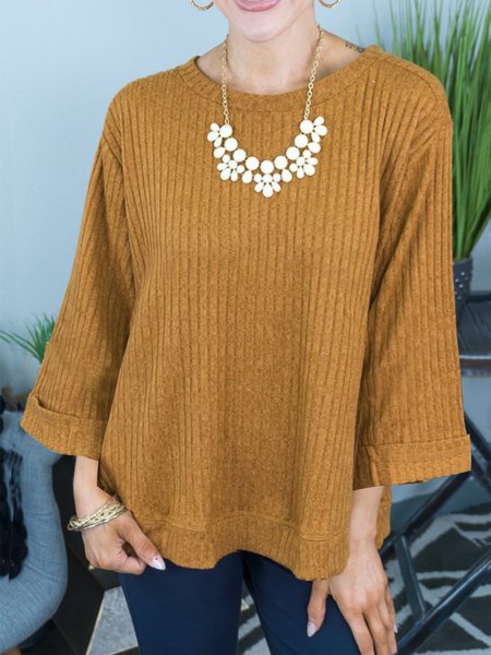 Loosen Solid Cotton Blends Shirts & Tops, Yellow brown, Tees & T-shirts