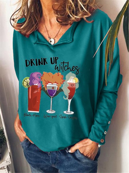 Halloween Drink Up Witches V Neck Casual Sweatshirt, Green, Hoodies&Sweatshirts