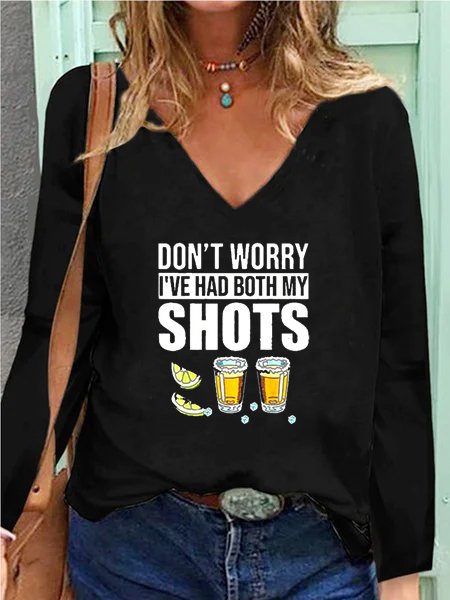Letter V Neck Long Sleeve Casual Shirts & Tops, As picture, T-Shirts