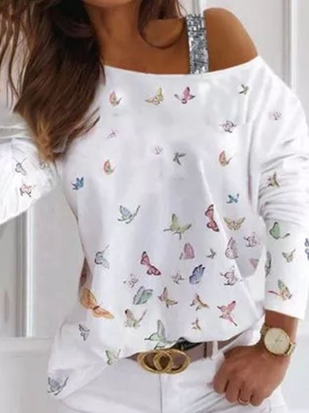 Sexy Butterfly Loosen Shirts & Tops, White, Tops