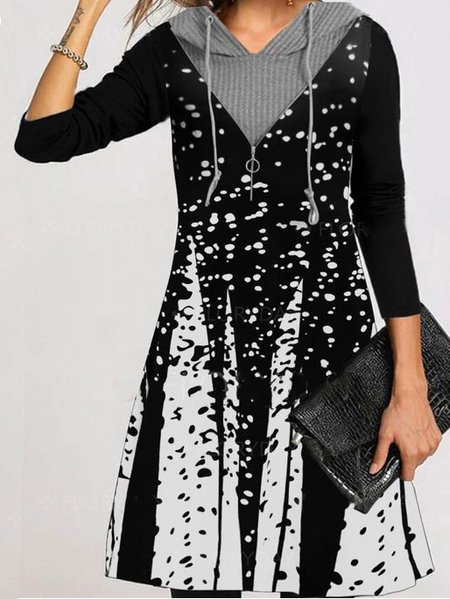 Loosen Hooded Dresses, Black-white, Mini Dresses