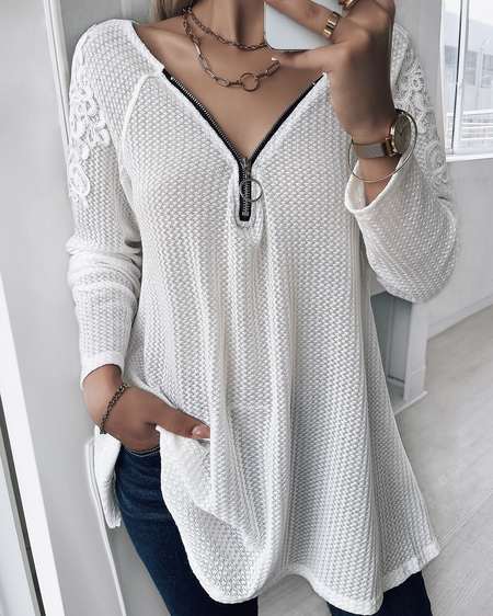 Tinta unita Scollo a V Top, Bianco, Blouses & Shirts