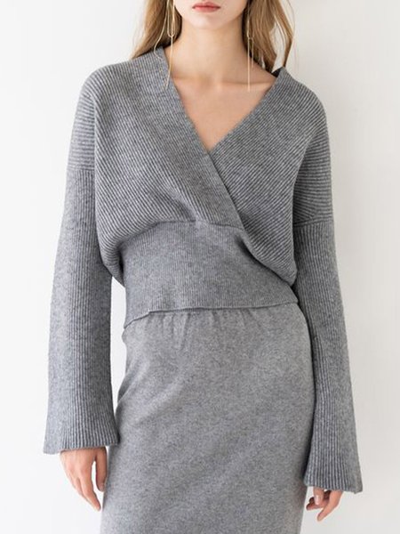 Casual Long Sleeve Plain V Neck Sweater, Gray, Pullovers