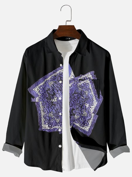 Shirt Collar Preppy Shirts, Black, Men's Floral shirt