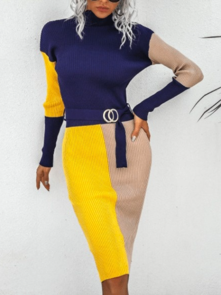 Fall Elegant Slim Fit Color Block High Neck Mid-weight Dresses, Yellow, Midi Dresses
Fall Elegant Slim Fit Color Block High Neck Mid-weight Dresses, Yellow, Midi Dresses