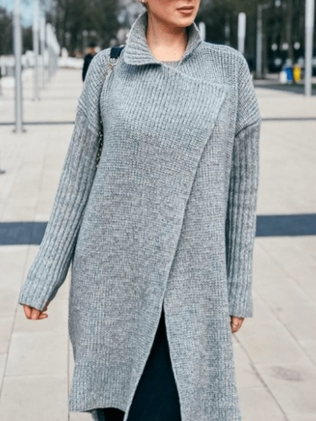 Fall Simple Plain Lapel Non-Stretch Md-long Daily Outerwear, Gray, Cardigans