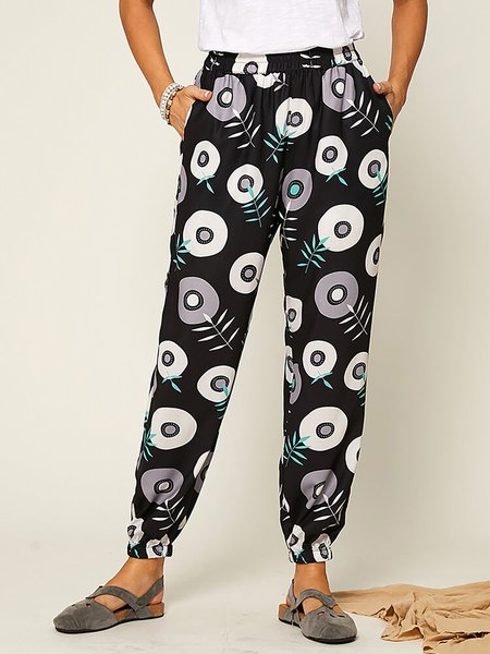 Calico Leaves Pattern Print Elastic Waist Casual Pants, Black, Pants