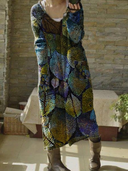 Leaves Printed V Neck Long Sleeve Sexy Dresses, As picture, Midi Dresses