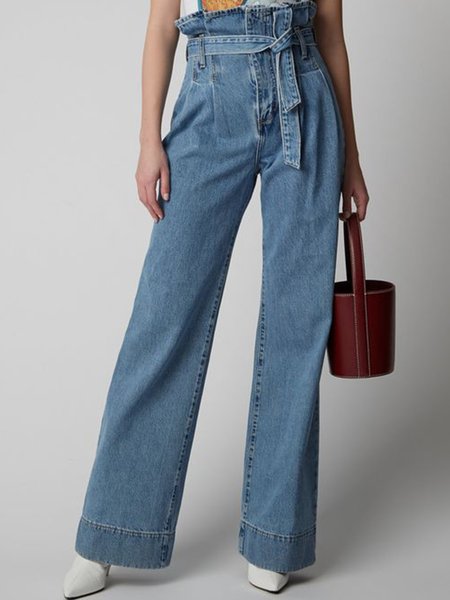 Long Wide Leg Plain Casual Denim Pants, Blue, Jeans