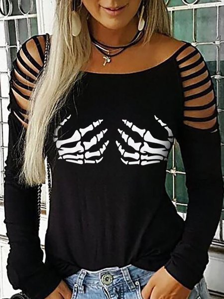 Crew Neck Abstract Shirts & Tops, Black, Tops