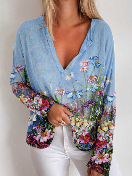 New Women Chic Art Print Long Sleeve V-neck Casual T-shirt, Blue, Long sleeve tops