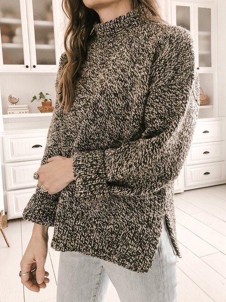 Casual Solid Knitting Pattern Long Sleeve High Neck Sweater, Cameo brown, Sweaters & Cardigans