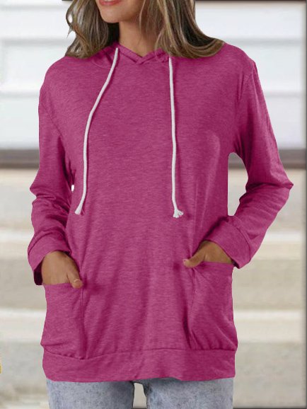 Plain Casual Hooded Cotton Shirts & Tops, Deep pink, Long sleeve tops