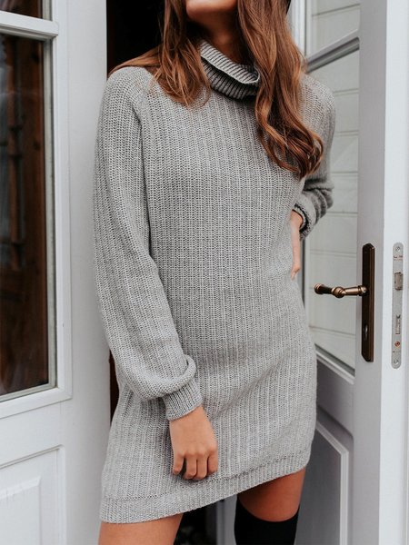High Neck Loosen Dresses, Light gray, Mini Dresses