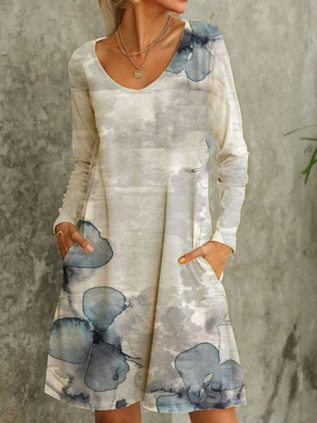 Casual Floral Slim Fit Dresses, Light gray, Midi Dresses