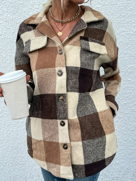 Women's new Plaid women's shirt Lapel long sleeve loose shirt women's coat, Khaki, Outerwear