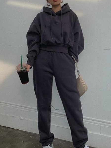 Top With Pants Plain Sporty Suit, Deep gray, Two-piece Set