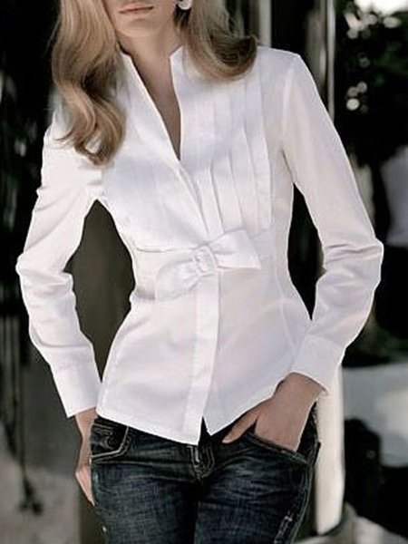 Elegant V Neck Regular Fit Shirt, White, Blouses and Shirts