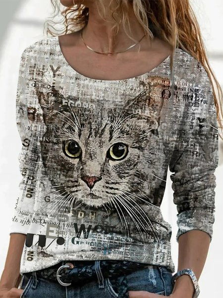 Crew Neck Animal Loosen Shirts & Tops, Gray, Long sleeve tops