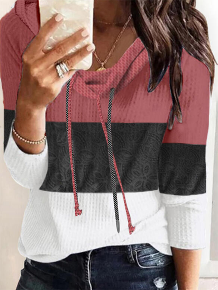 V Neck Long Sleeve Color Block Casual Shirts & Tops, As picture, T-Shirts