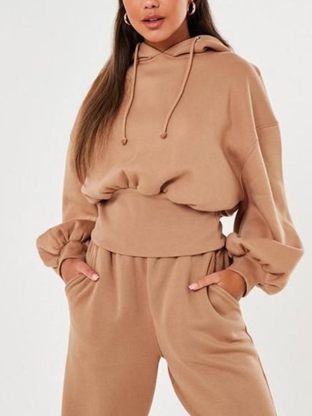Loosen Hooded Bishop Sleeve Casual Sweatshirt, Light brown, Hoodies and Sweatshirts