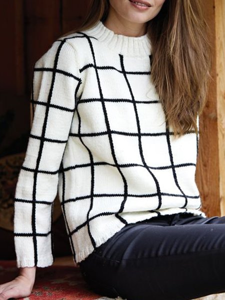Casual Grid Regular Fit Sweater, White, Pullovers