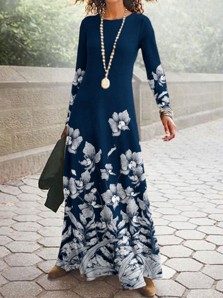 Round Neck Loose Floral Print Maxi Dress, Navy blue, Formal Dresses