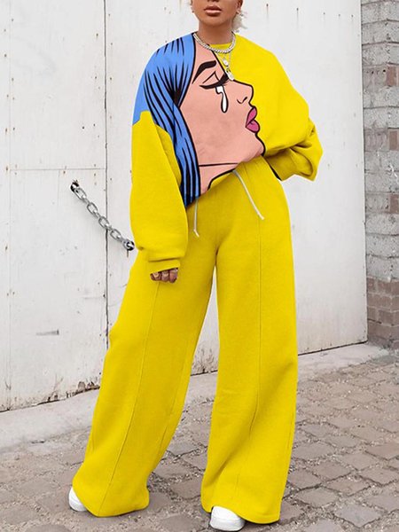 Simple Loosen Crew Neck Suit, Yellow, Two-piece Set