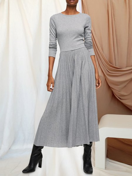 Crew Neck Regular Fit Dresses, Gray, Casual Dresses