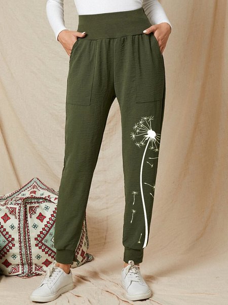 Floral Elegant Casual Pants, Green, Pants