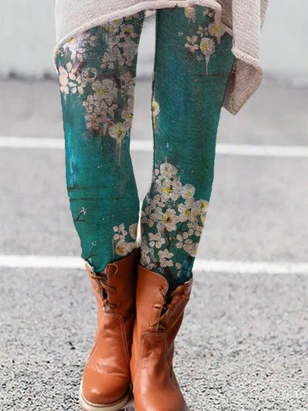 Floral Casual Elegant Green Pants, leggings