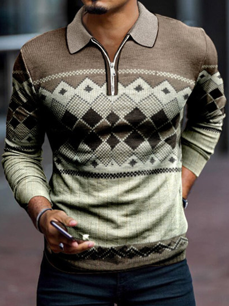 Geometric Long Sleeve Cotton Blends Shirts & Tops, Multicolor, Men's t-shirts