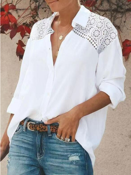 Shirt Collar Simple Cotton Blends Shirts & Tops, White, Blouses & Shirts