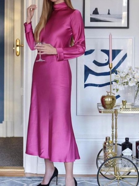 Stand Collar Elegant Party Dress, Rose red, Maxi Dresses
