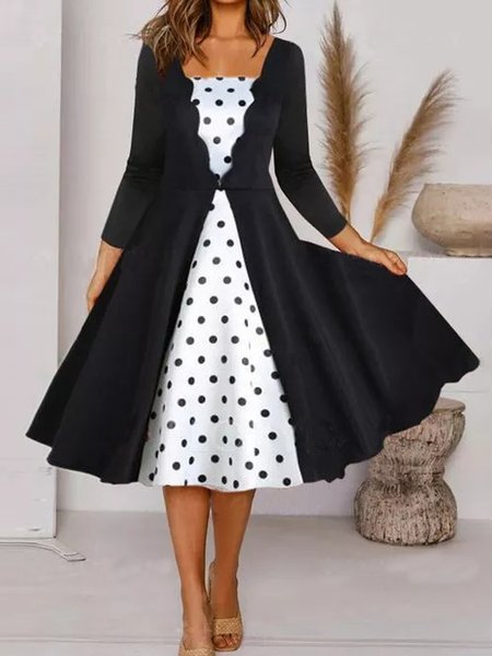 

Cotton Blends Casual V Neck Polka Dots Dresses, Black, Midi Dresses