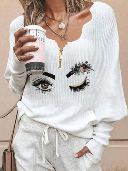 White Printed Casual V Neck Loosen Shirts & Tops, Tops