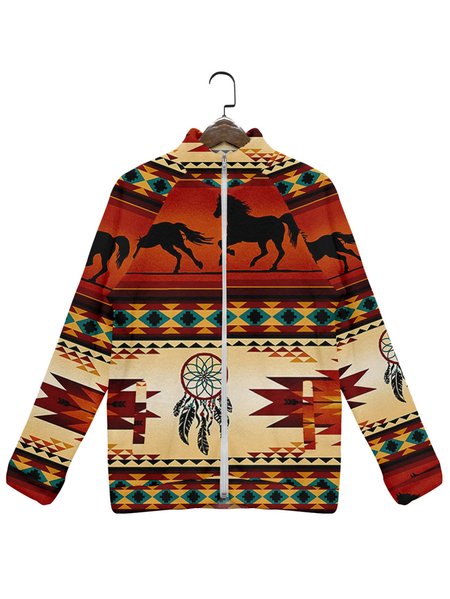 Fleece Native Print Long Sleeve Zipper Jacket, Red, Coats