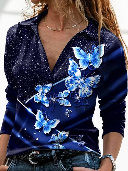 Farfalla Stampato Casuale Allentare Top, Blu, Blouses & Shirts