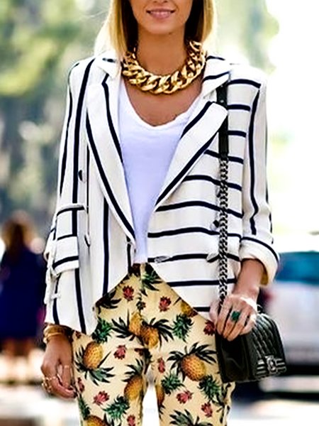 Striped Vacation Flat Collar Blazer, As picture, Blazers