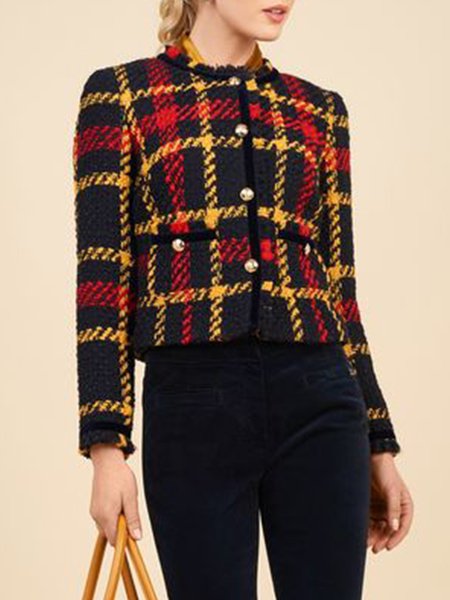 Checked/Plaid Elegant Crew Neck Jacket, As picture, Coats