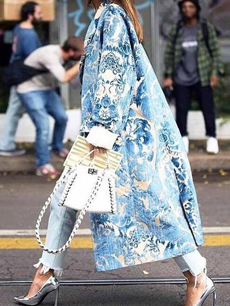 Vacation Lapel Paisley Long Sleeves Coat Outerwear, Blue, Coats & Jackets