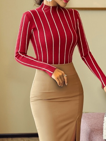 Fall Stand Collar High Stretch Mid-weight Long sleeve Elegant Lady Sweater, Red, Pullovers