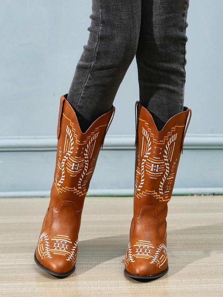 Casual Ethnic Embroidery Pointed Toe Cowboy Boots, Light brown, Boots