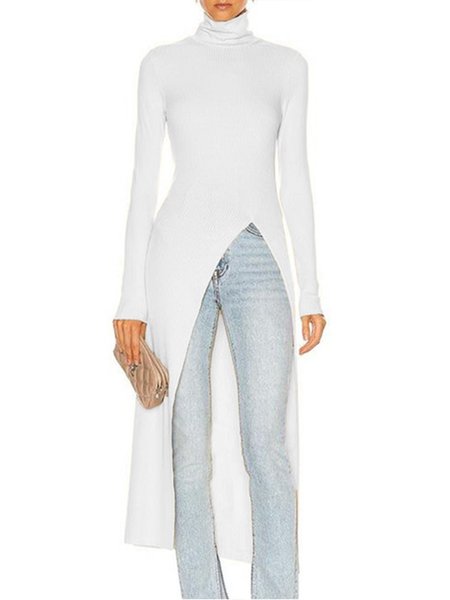 Elegant Slit Long Sleeve Knit Top, Beige, Pullovers
