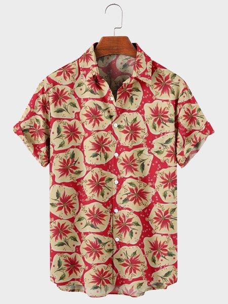Short Sleeve Shirt Collar Shirts, Red, Men's Floral shirt