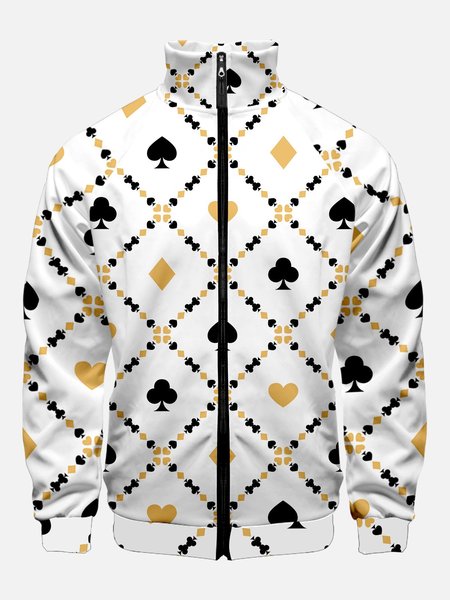 Men's Poker Cards Print Zipper Stand Collar Jackets, White, Jacket