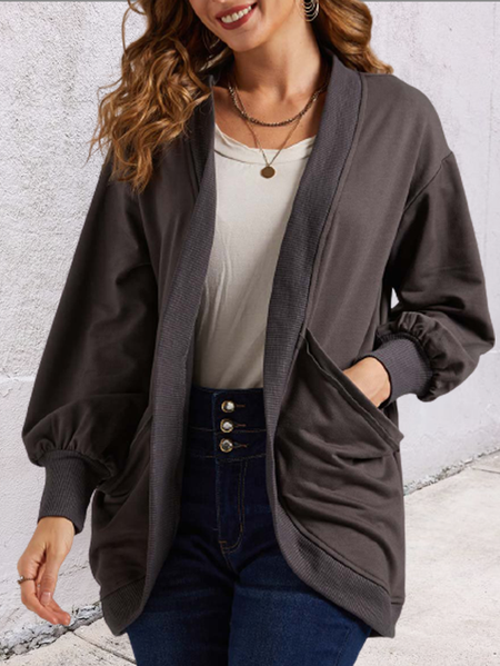 Casual Plain Bishop Sleeve Outerwear, Coffee, Cardigans