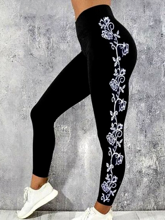 Casual Floral Regular Fit Leggings, Black, Leggings