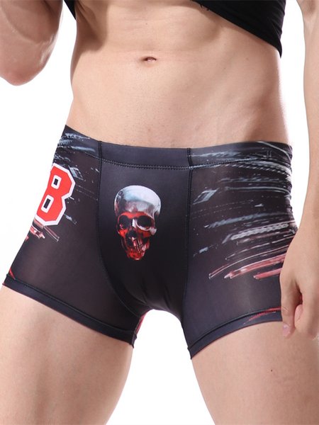 Mens 3D Skull Printing U Convex Pouch Soft Breathable Thin Home Boxers Briefs, Black, Acc